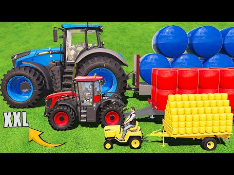 Giant tractor of colors! Mini & BIG hay bale transport with colored tractors! Silage baling & load!