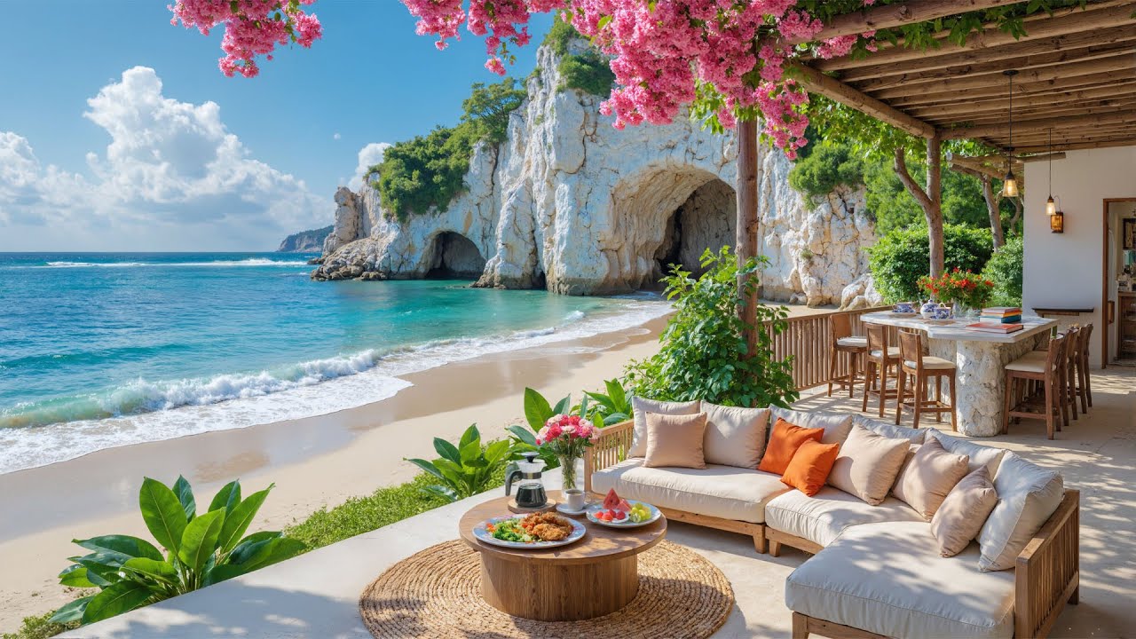 🌿 Peaceful Coastal Café by the Sea for Chill Morning | Summer Jazz & Ocean Waves for Focus and Chill