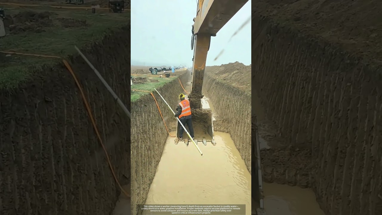 Ignoring Safety : Excavator Bucket Used for Measurements in Water Pipeline Trench