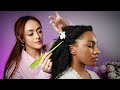 ASMR Curly Coily Half Updo Hairstyle Precision Parting Twisting Clip In Extensions Soft Spoken