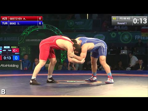 Round 1 FS - 86 kg: Aleksandr GOSTIYEV (AZE) df. Serdar BOKE (TUR), 4-2