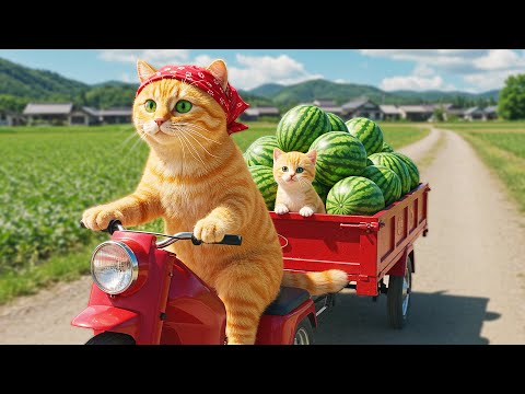 Mama Cat and Kitten harvest watermelons and rescue a mysterious lost piglet 🐾🍉🐷