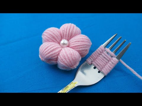 It's so Cute! Superb Woolen Flower Making Trick Using Fork- Hand Embroidery Woolen Flower Craft Idea