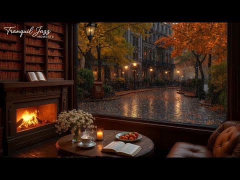 Beautiful Rainy Autumn Coffee Shop 🍂 Gentle Jazz Piano Space, Rain Sound for Relax & Work #21