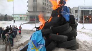 Putin here sports an orange-and-black St. George's ribbon like those adopted by Russian-backed separatists in eastern Ukraine and blue swag from ousted former Ukrainian President Viktor Yanukovych's Party of Regions.