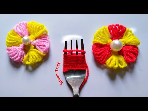 It's so Cute !! Superb Woolen Flower Making Trick Using Fork - Hand Embroidery Amazing Flower Design
