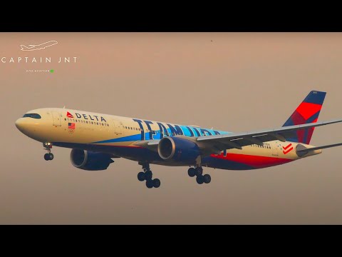 Decolagens e pousos enfumaçados do Aeroporto Internacional de Xangai Pudong com A350s, A330s, B767s, B787s