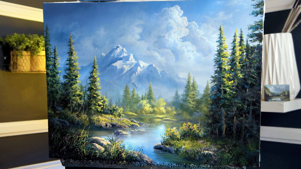 a classic mountain oil painting by kevin