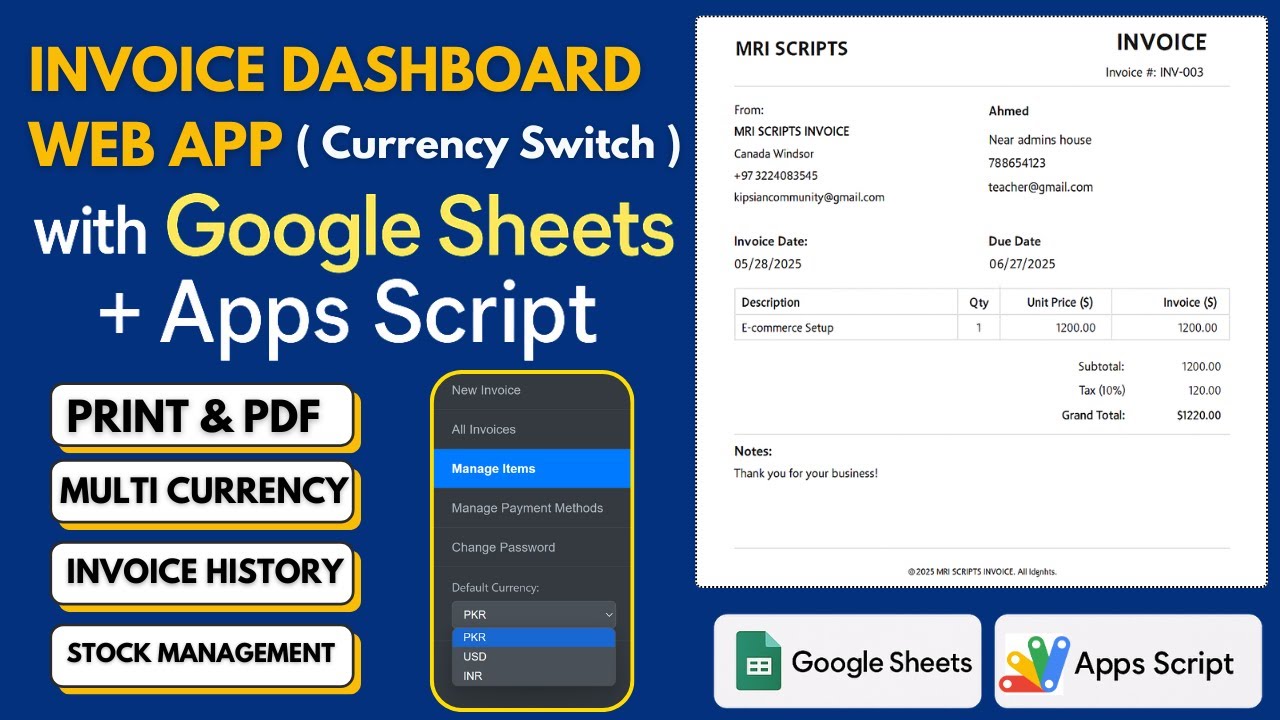 Create a Full Invoice Generator with Google Apps Script & Sheets | Web App Dashboard Tutorial | D19