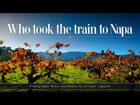 Video thumbnail showing rows of autumn vineyards under a blue sky, titled "Who Took the Train to Napa," a photography, music, and poetry piece by Kristján Logason.