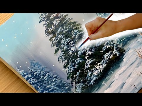 Idea to Paint a Relaxing Winter Landscape with Snowy Pine Trees / Acrylic Painting 