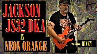 Video thumbnail for Jackson JS32 DKA Dinky Arch Top JS32 DKA | Neon Orange Unboxing, tested by Guitar Hustler Studios