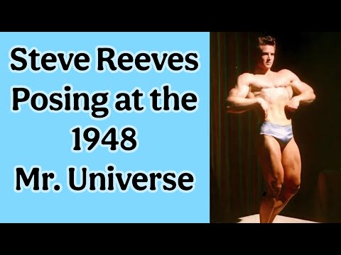Steve Reeves posing at the 1948 Mr. Universe Contest