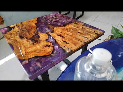 Amazing violet colour - Epoxy resin live edge wood table with criatals