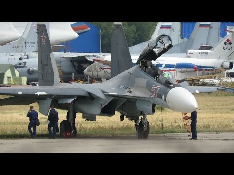 Sukhoi Su-30 "Flanker-C" fighter, prepared, startup and takeoff.