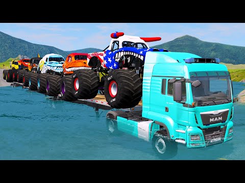 Double Flatbed Trailer Monster Trucks Transport with Slide Color - Cars vs Speed bump - BeamNG.drive