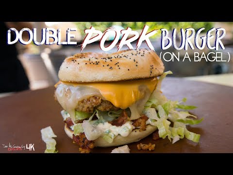 Pork Burger with Garlic Green Onion Mayo, Bacon Patty, and Onion Bagel