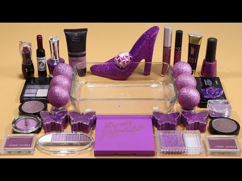 Mixing'Purple Shose'Eyeshadow,Makeup and glitter Into Slime!Satisfying Slime Video!★ASMR★