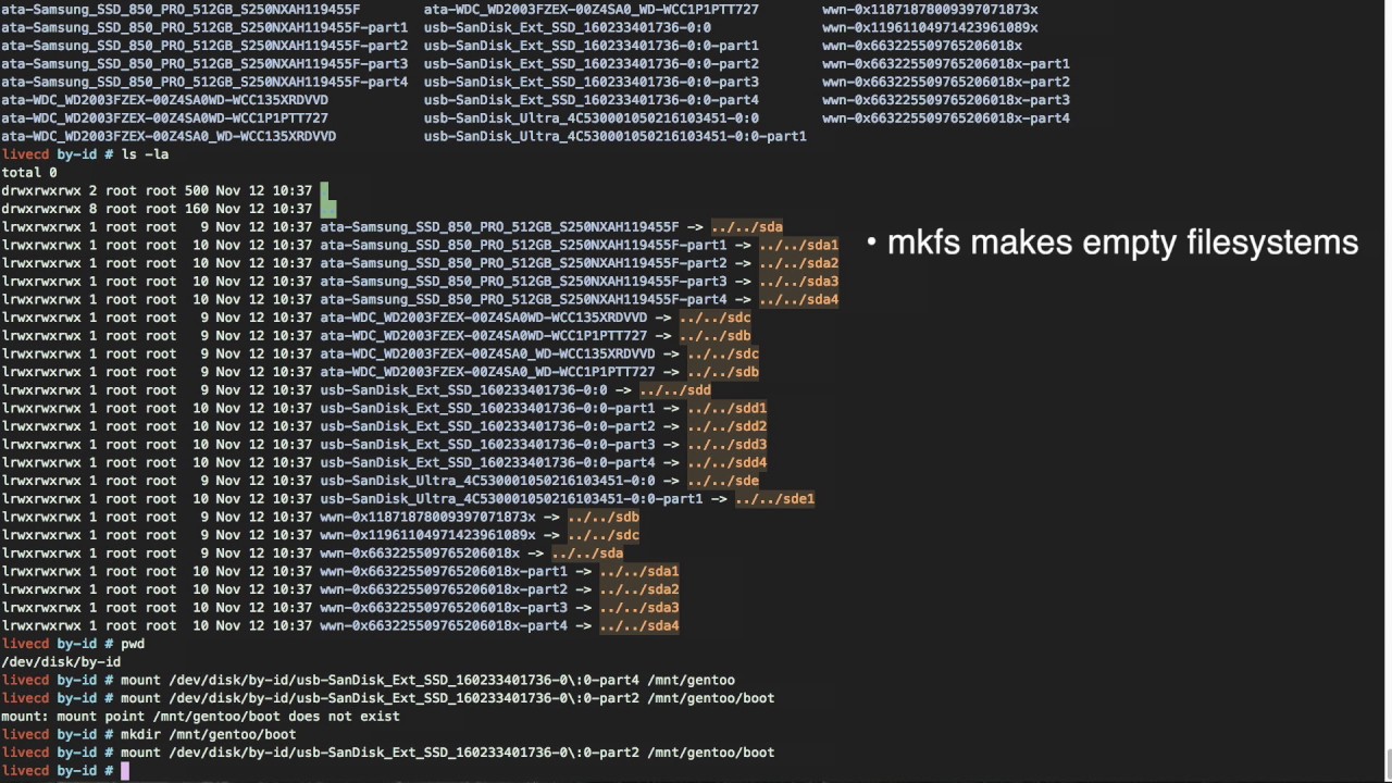 Terminal commands and outputs showing disk identification, partition listing, and mounting steps during Gentoo Linux installation.
