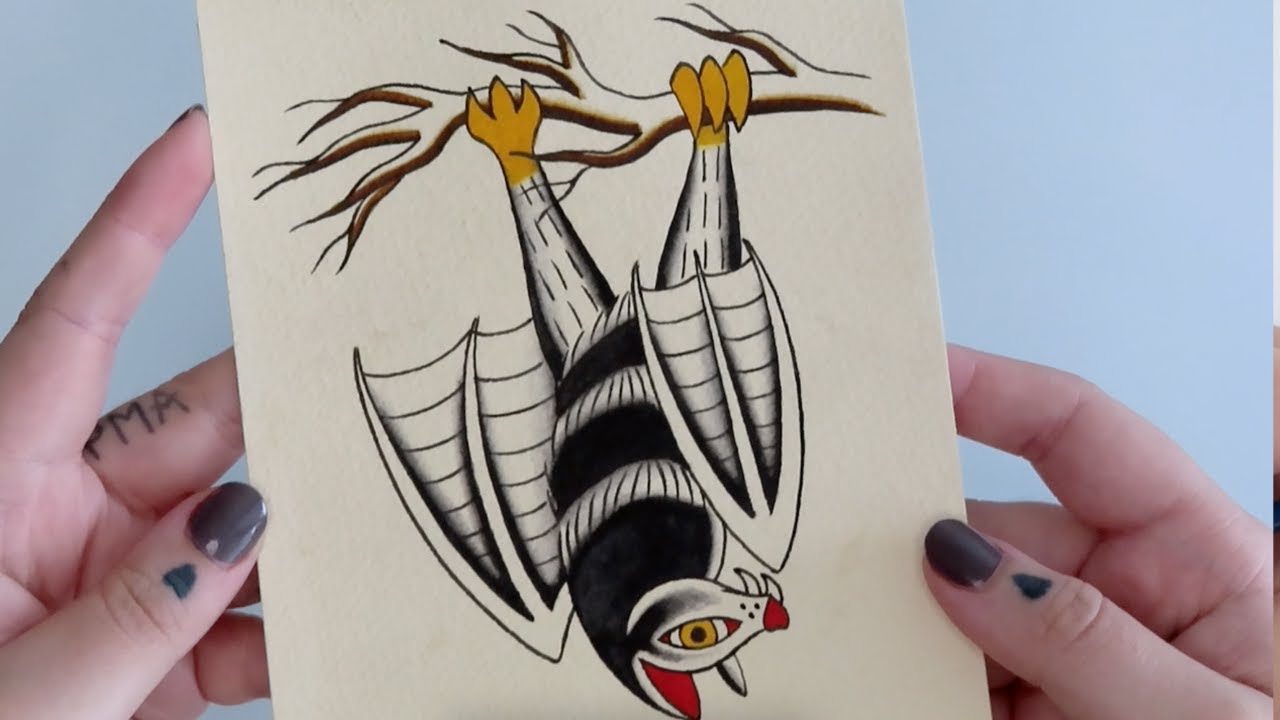 Painting a Traditional Tattoo Style Bat / Flash Piece / No music 🦇