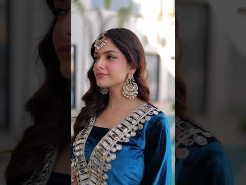 Blue Ice Velvet Zari & Real Mirror Embroidered Kurta Palazzo Set with Bell Sleeves & Matching Batwa – Fully Stitched Festive & Party Wear