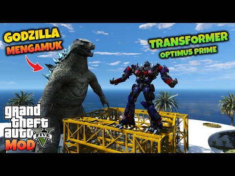TRANSFORMER OPTIMUS PRIME DAN MARKAS IRONMAN DISERANG GODZILLA - GTA 5 MOD TRANSFORMER