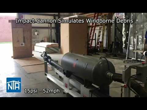 Impact cannon simulates windborne debris from hurricane or tornado