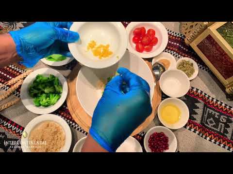 Kanafeh wrapped king prawns, Edamame, barley risotto, super salad, horse radish tahini emulsion