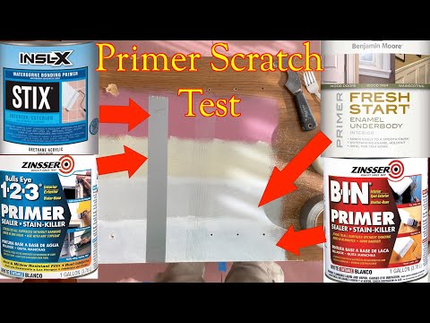 4 Primer Scratch Test- STIX Primer - Zinsser Bulls eye - Ben Moore Enamel Underbody - Zinsser BIN
