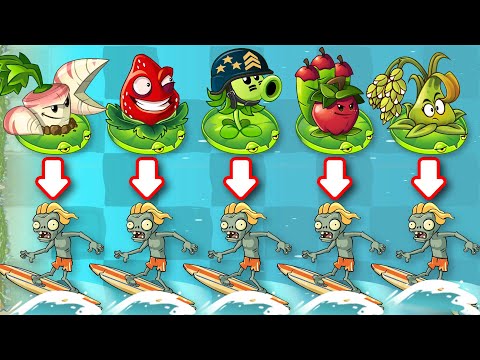 PvZ 2 Mega Gatling Pea & Other Plants With 5 Plant Food VS 100 Surfer Zombie