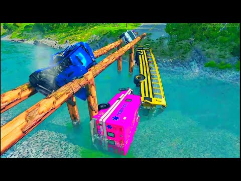 Cars vs Wood Bridge and Water Reverse - BeamNG Drive