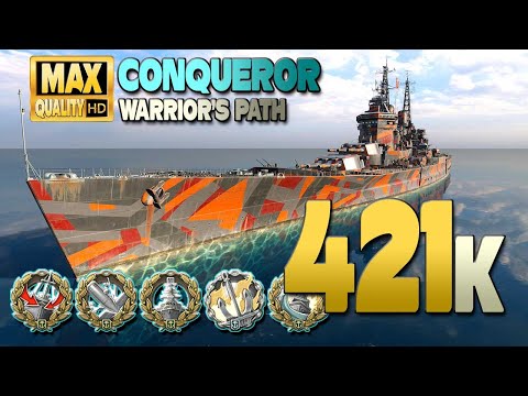 Battleship Conqueror: 420k on map Warrior's Path - World of Warships