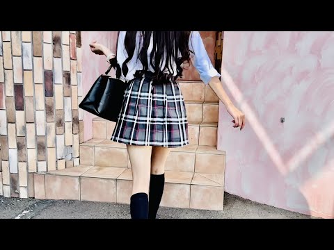 ミニスカJK制服コスプレでお出かけ mini skirt school girl cosplay high socks walking