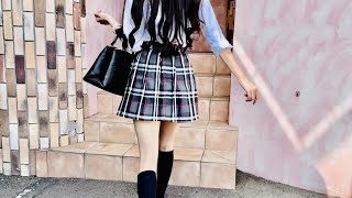 ミニスカJK制服コスプレでお出かけ mini skirt school girl cosplay high socks walking