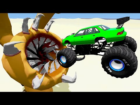 BeamNG.drive Cars Jumping into Mouth of Hungry Sandworm | Satisfying High Speed Open Bridge Jumps