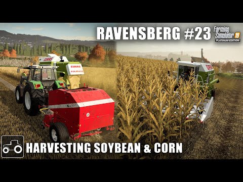 Harvesting Soybeans & Corn, Baling Soybean Straw, Ravensberg #23 Farming Simulator 19 Timelapse