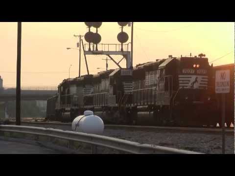 Norfolk Southern train engines at sunset (HD)