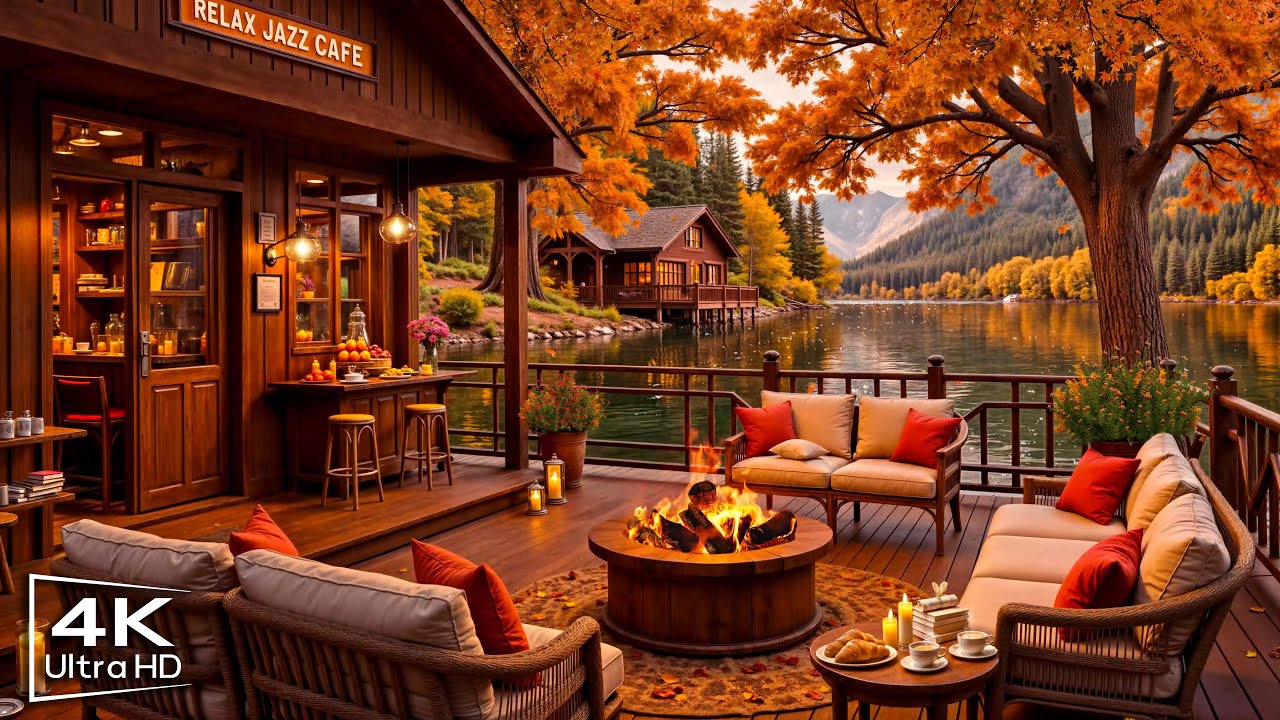 Cozy Autumn Porch Ambience by the Lake 🍂 Smooth Piano Jazz Music & Crackling Fireplace for Relaxing