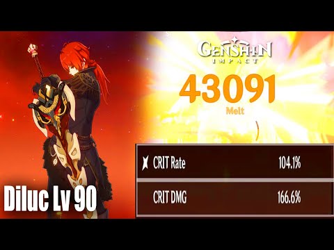 Genshin Impact - 100% Crit Rate Diluc Lv 90 - Artifacts Weapons Team Build Showcase