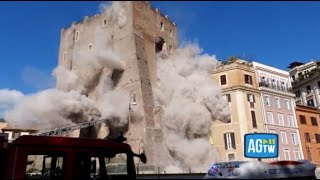Il momento del secondo crollo della torre dei Conti ai Fori Imperiali: il video