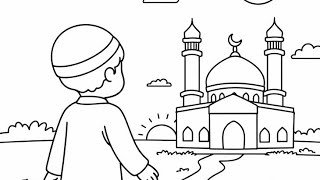 Muslim Boy Walking to Mosque Coloring Page for Kids | Islamic Printable Activity
