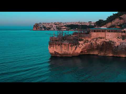 Aerial 4K Drone Video of  a Trabucco Restaurant in Peschici, Gargano, Puglia, Italy