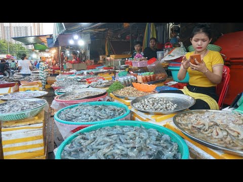 Cambodia Evening Street Market - Fresh Seafood, Plenty Various Vegetable, Rural Fish, Pork & Beef