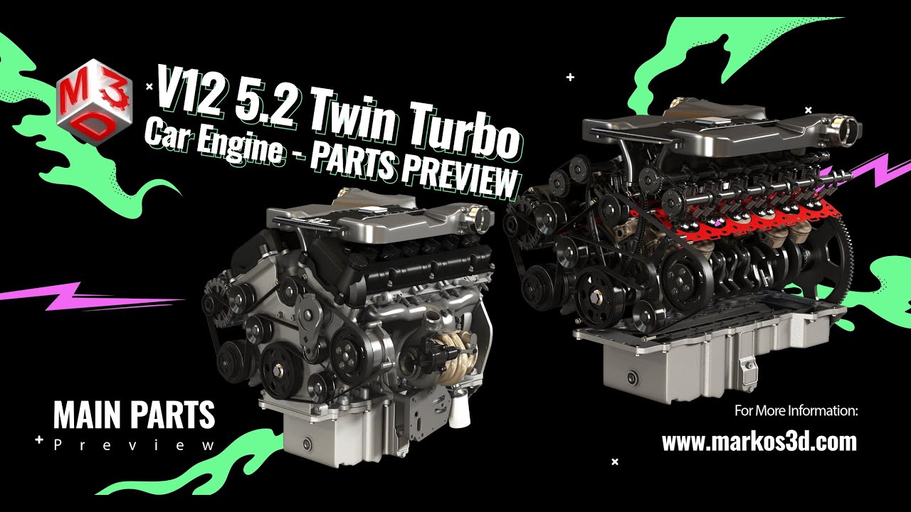 V12 트윈 터보 자동차 - 엔진 전체 내부 및 외부 부품 3D 모델