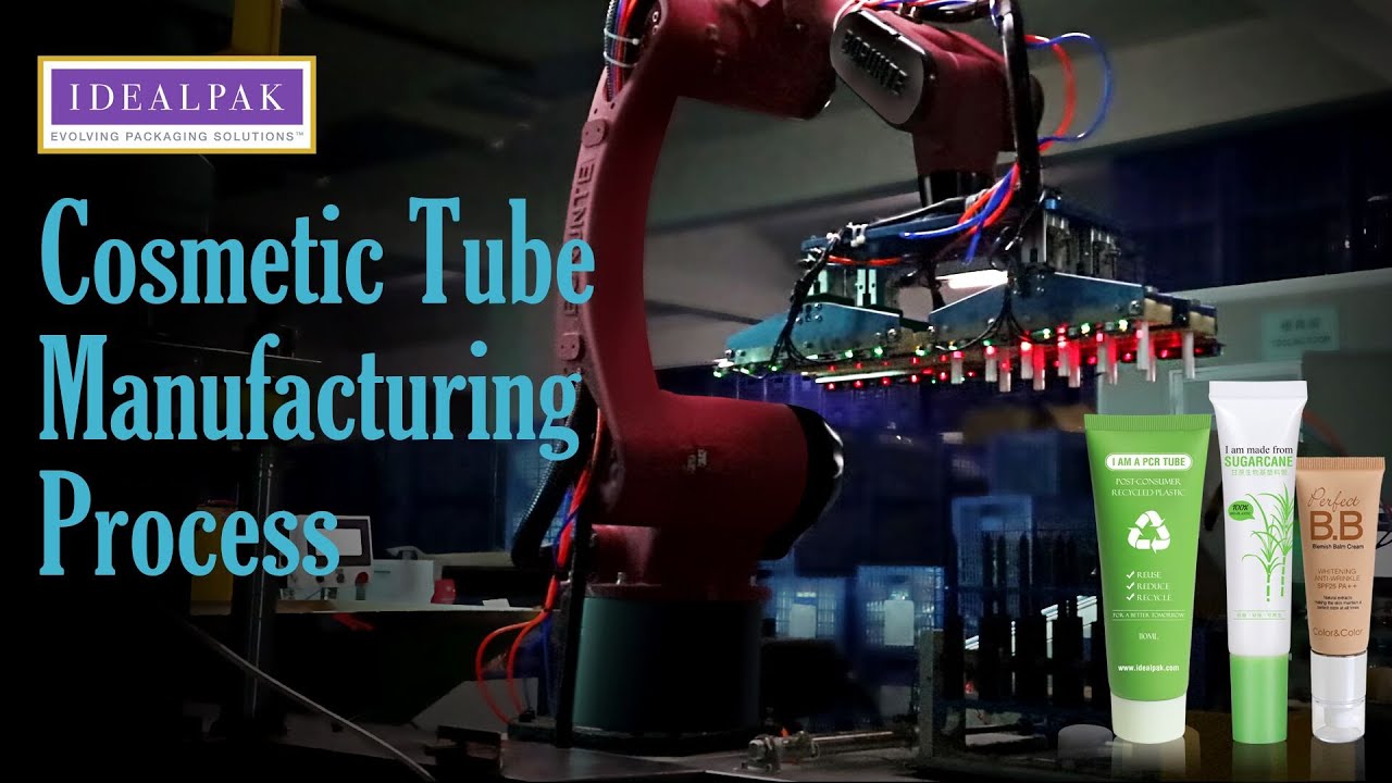 Automatic cosmetic tube shoulder injection process showing full cycle including tube loading, mold clamping, PE resin injection, cooling and ejection on a soft tube packaging production line