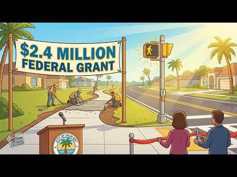 Brevard Public Schools Bike & Roll to School Day promotional image juxtaposed against Palm Bay arterial roads with no sidewalks