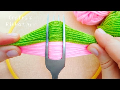 It's so Beautiful 💖🌟 Superb Woolen Flower Making Trick with Fork - Hand Embroidery Amazing Flowers