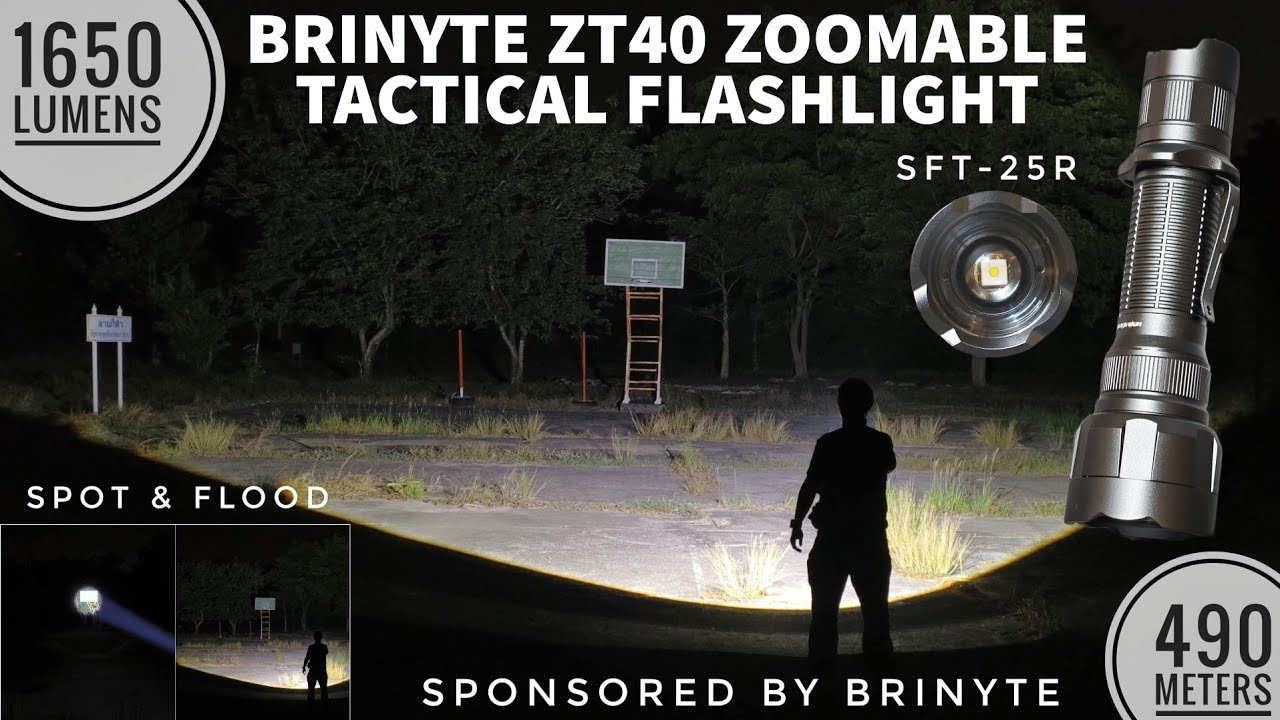 BRINYTE ZT40 - Zoomable Tactical Flashlight, SFT-25R, 1650 lm & Beamshots vs Convoy Z1 SFT-25R