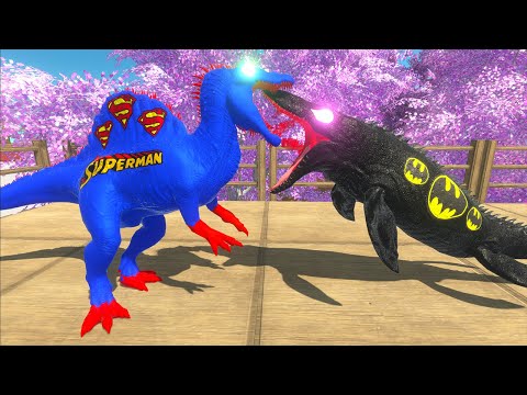 SUPERMAN SPINOSAURUS VS BATMAN MOSASAURUS DEATH RUN - Animal Revolt Battle Simulator