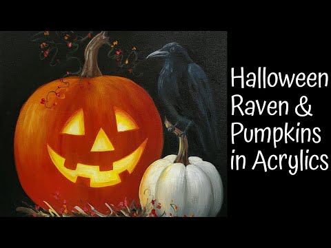 Halloween Raven & Jack O’ Lantern Pumpkins Acrylic Painting LIVE Tutorial